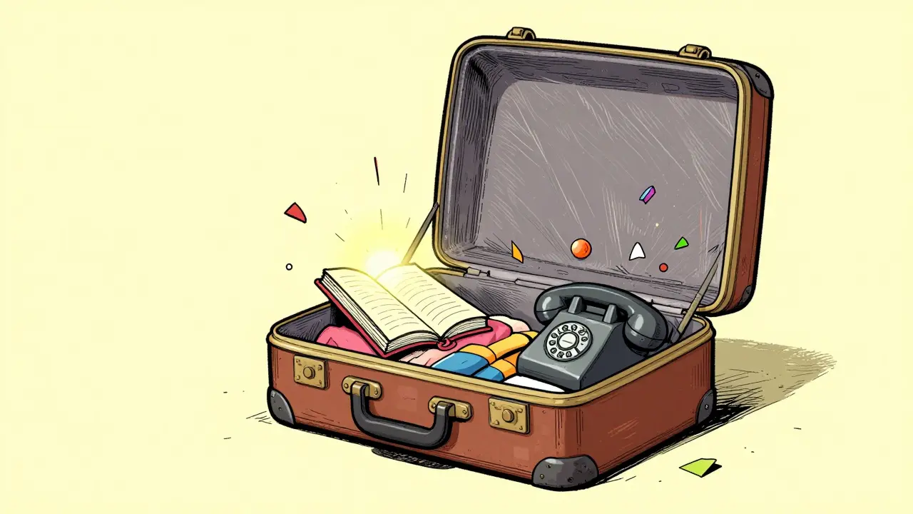 Stylizovaná hlava jako otevřený kufr s symboly sebepomoci a krizové linky.