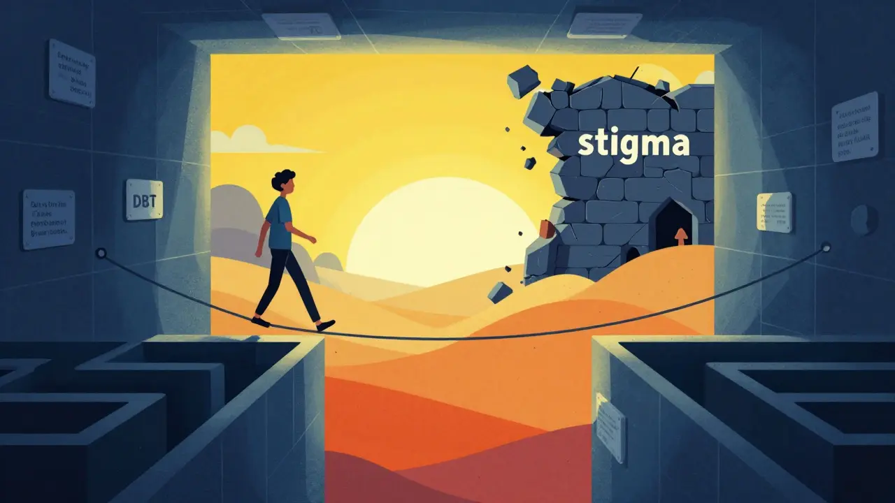 Stylizovaná ilustrace člověka opouštějícího bludiště stigmatizace směrem k emoční rovnováze.