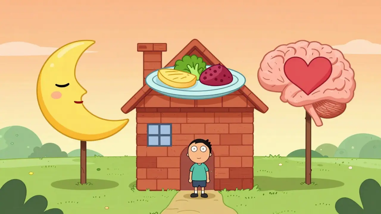 Stylizovaný obraz stavby domu z symbolů spánku, výživy a psychiky.