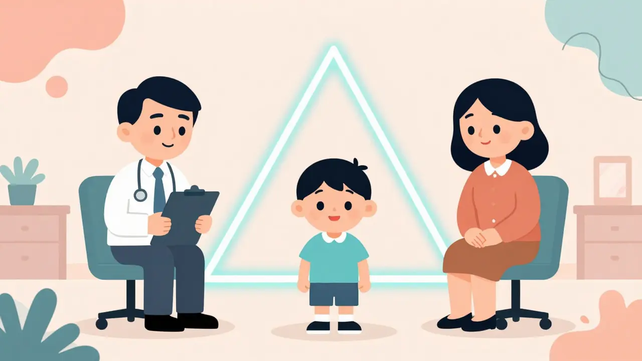 Stylizovaný trojúhelník spolupráce mezi dítětem, psychiatrem a terapeutem.