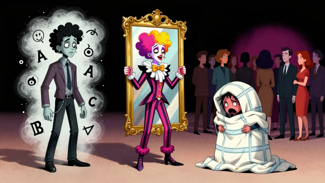 Surreální znázornění tří klastrů poruch osobnosti: excentrické, dramatické a úzkostné.