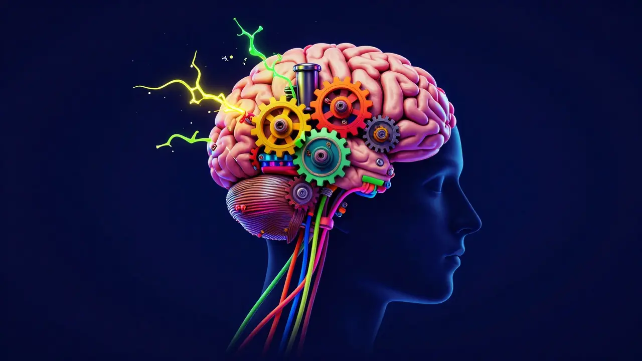 Surrealní zobrazení mozku jako stroje s poškozenými neonovými dráty.