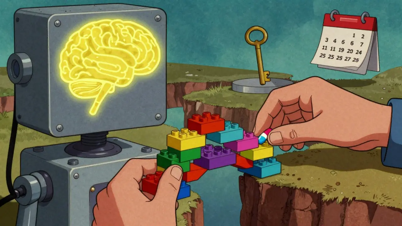 Symbolické spojení medikace a terapie jako zapnutí mozku a stavba mostu návyků.