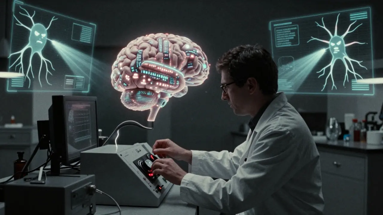 Futuristická laboratoř s plujícím mozkem a holografickými projekcemi