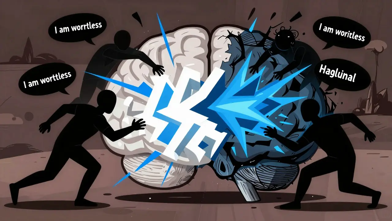 Ilustrace v duchu Adult Swim znázorňující boj mezi negativními myšlenkami a racionálním důkazem
