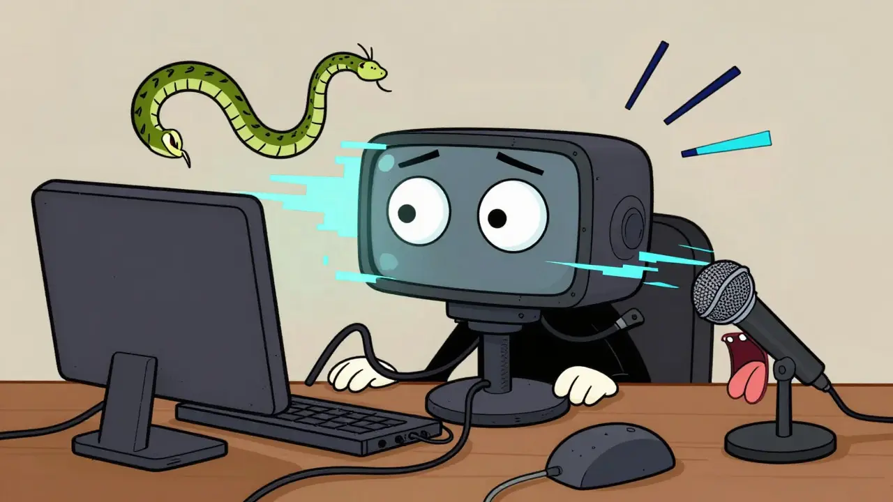 Komičně zmatené technologie na stole při technické závadě