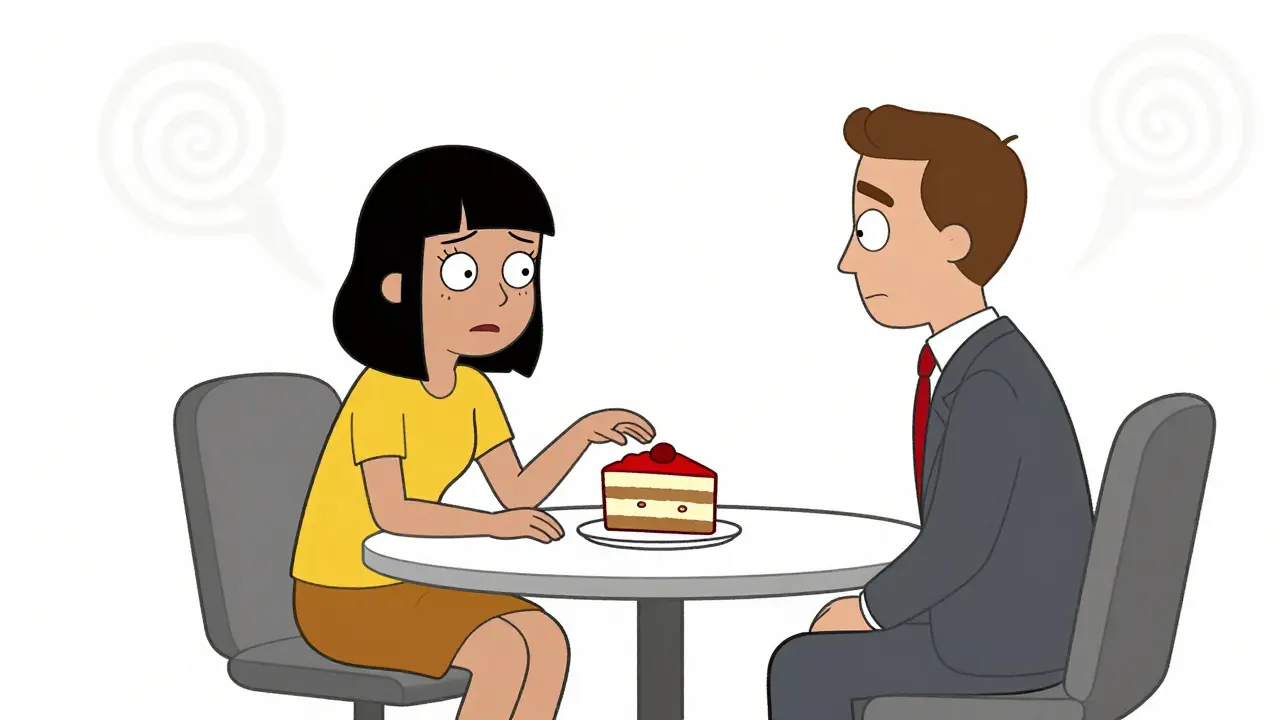 Kresba terapeutické sezení s dortem jako symbolem behaviorálního experimentu ve stylu Adult Swim