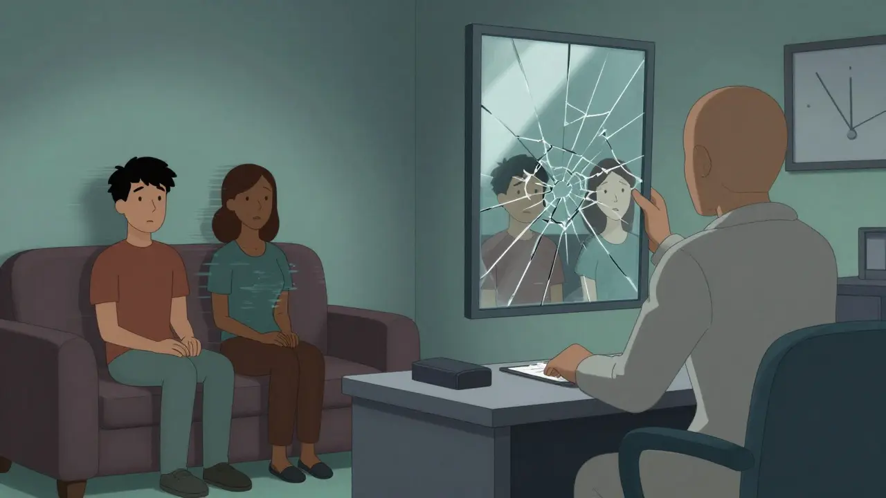 Pár v terapii hledá zrcadlo reality v temné, klaustrofobické místnosti.