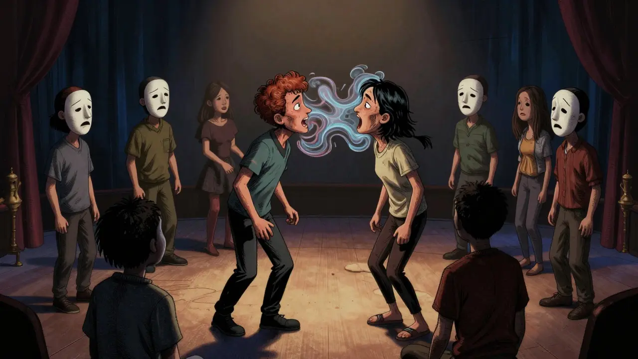 Surrealistická scéna psychodramatu s výměnou rolí a maskami v temném divadle