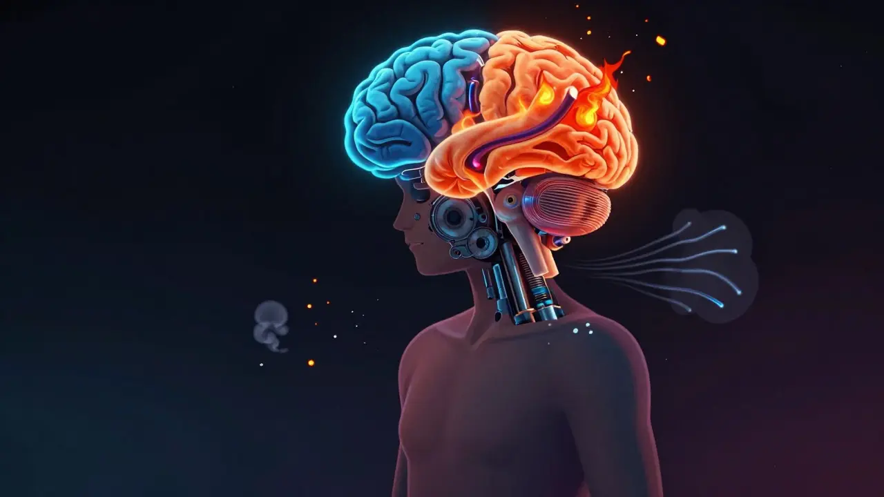 Abstraktní mozek a tělo ukazující propojení emocí a neurologie při uzdravování.