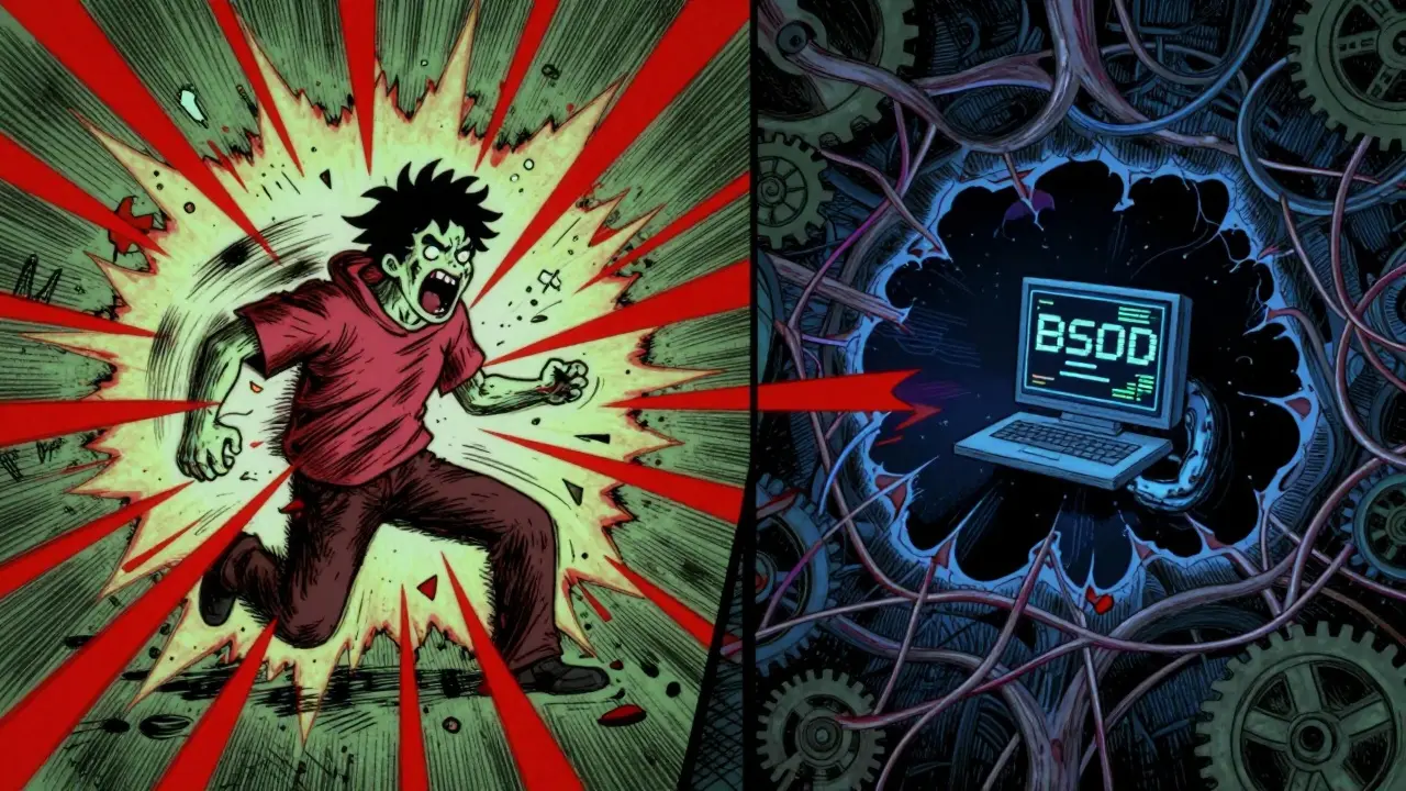 Kresba meltdown vs shutdown: exploze versus imploze nervů