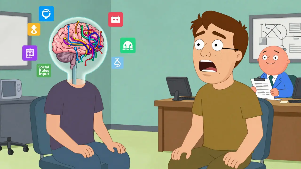 Kresba ukazující mozek jako operační systém a sociální masku při psychoterapii pro autismus.