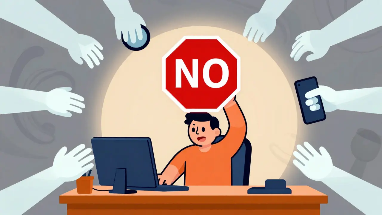 Kreslený člověk odmítající tlak okolí s červeným značkou STOP