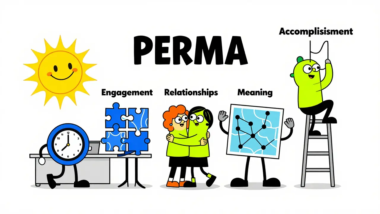 Pět postav představujících model PERMA v karikatuře