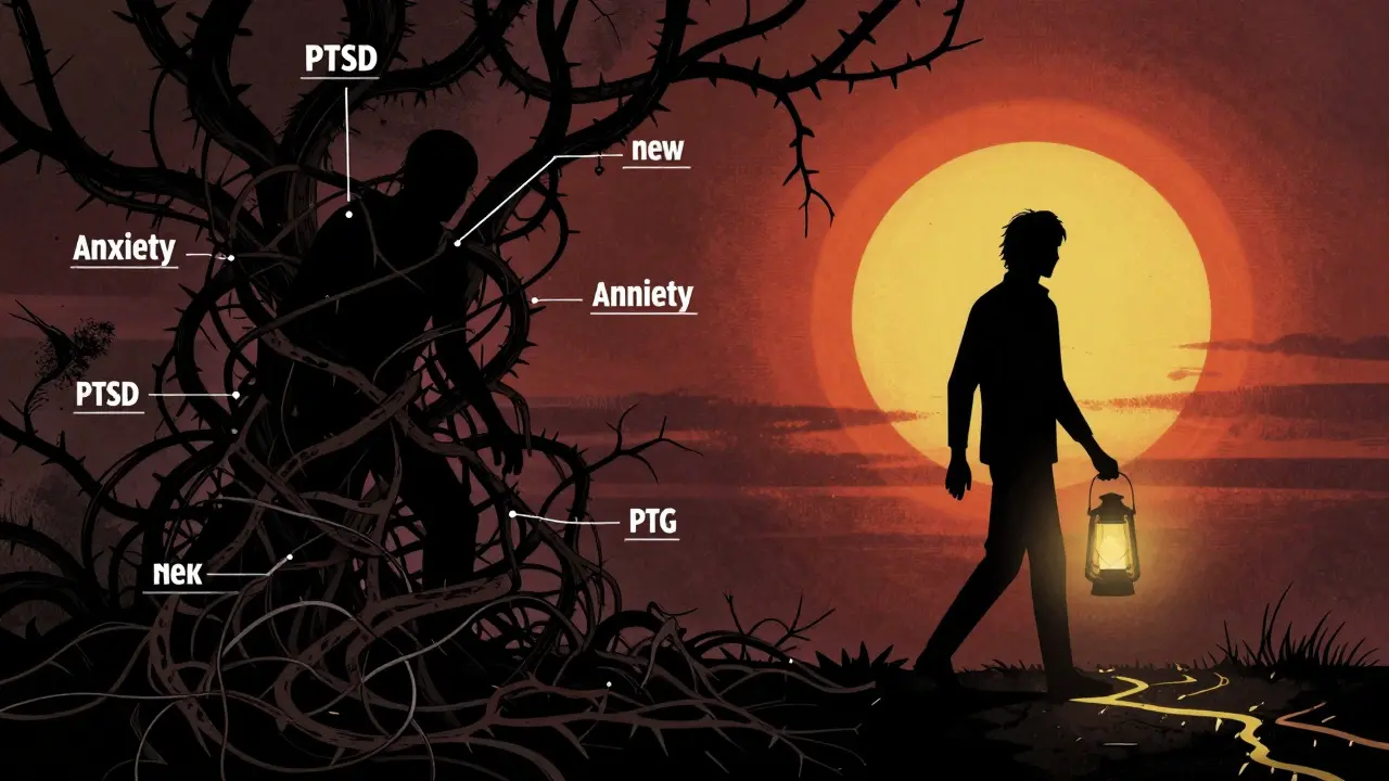 Rozdělená scéna ukazující soužití PTSD a posttraumatického růstu