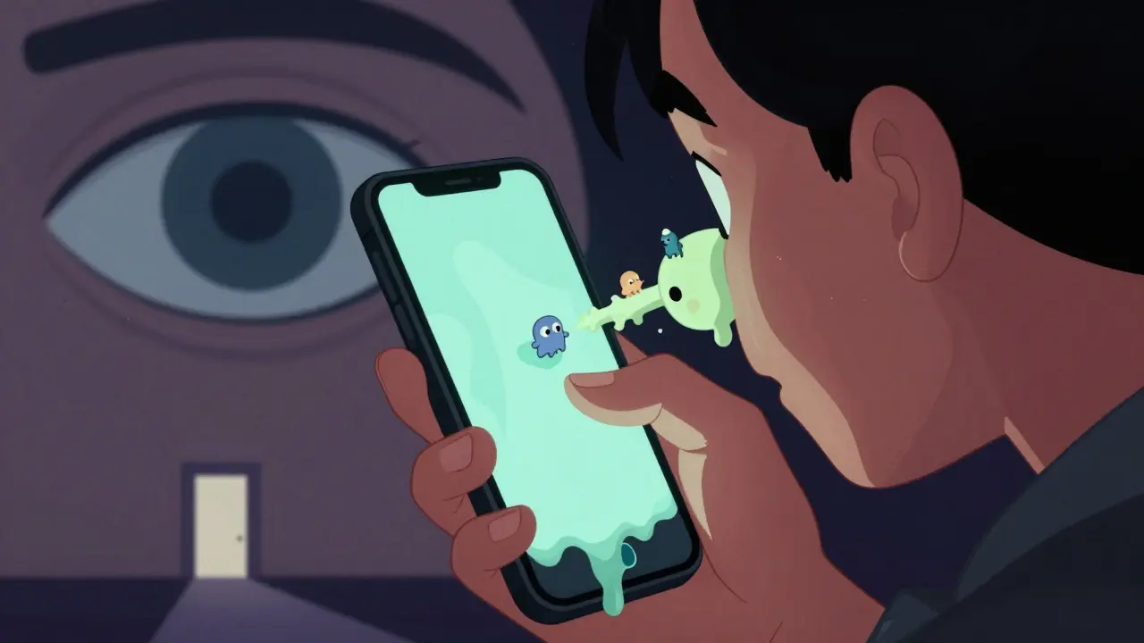 Ruka drží telefon, jehož obrazovka se topí a vydává tlak algoritmu