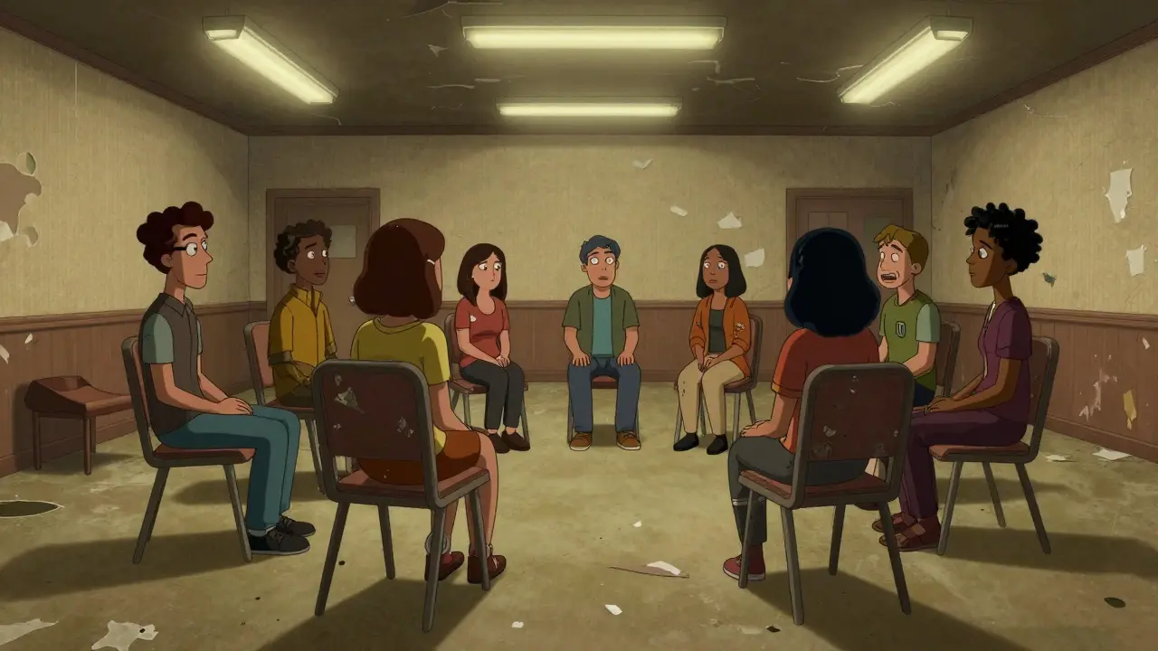 Skupinová terapie s lidmi sedícími v kruhu v hrubém, realistickém stylu Adult Swim.