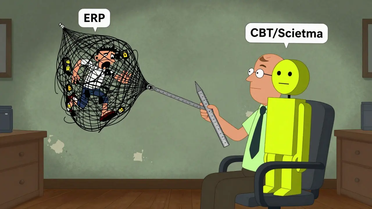 Terapeut s nástroji pro léčbu OCD a OCPD v karikatuře