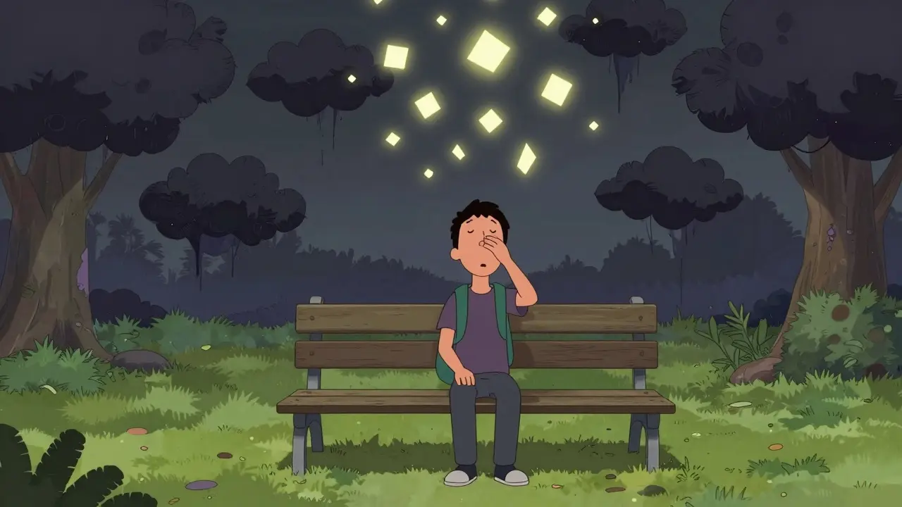 Člověk na lavičce, jak se stres mění v světlo ve stylu Adult Swim
