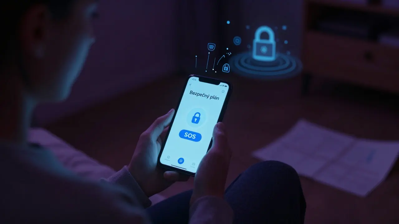 Člověk používá mobilní aplikaci pro nouzové volání v tmavé ložnici.