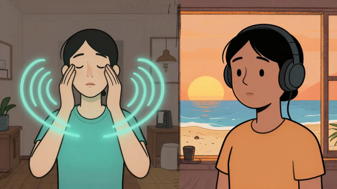 Ilustrace dýchacích cvičení a vizualizace bezpečného místa ve stylu Adult Swim