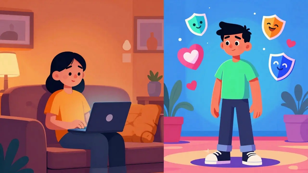 Kreslené srovnání online terapie a osobního setkání