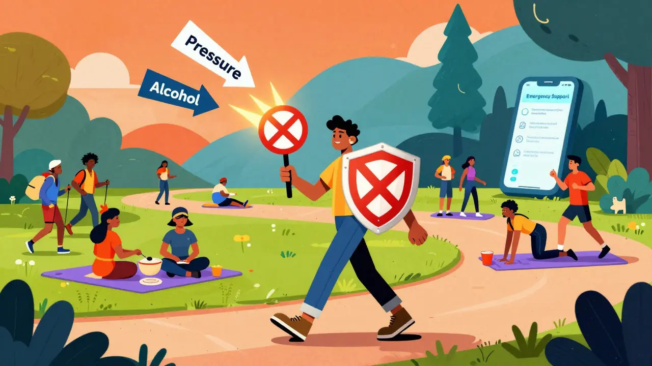 Postava chodí parkem mezi zájmovými skupinami a odmítá tlak alkoholu