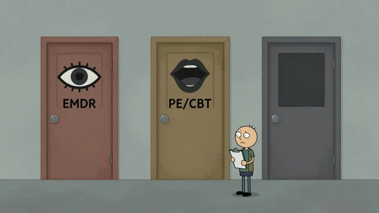 Postava před třemi dveřmi reprezentujícími různé typy terapie