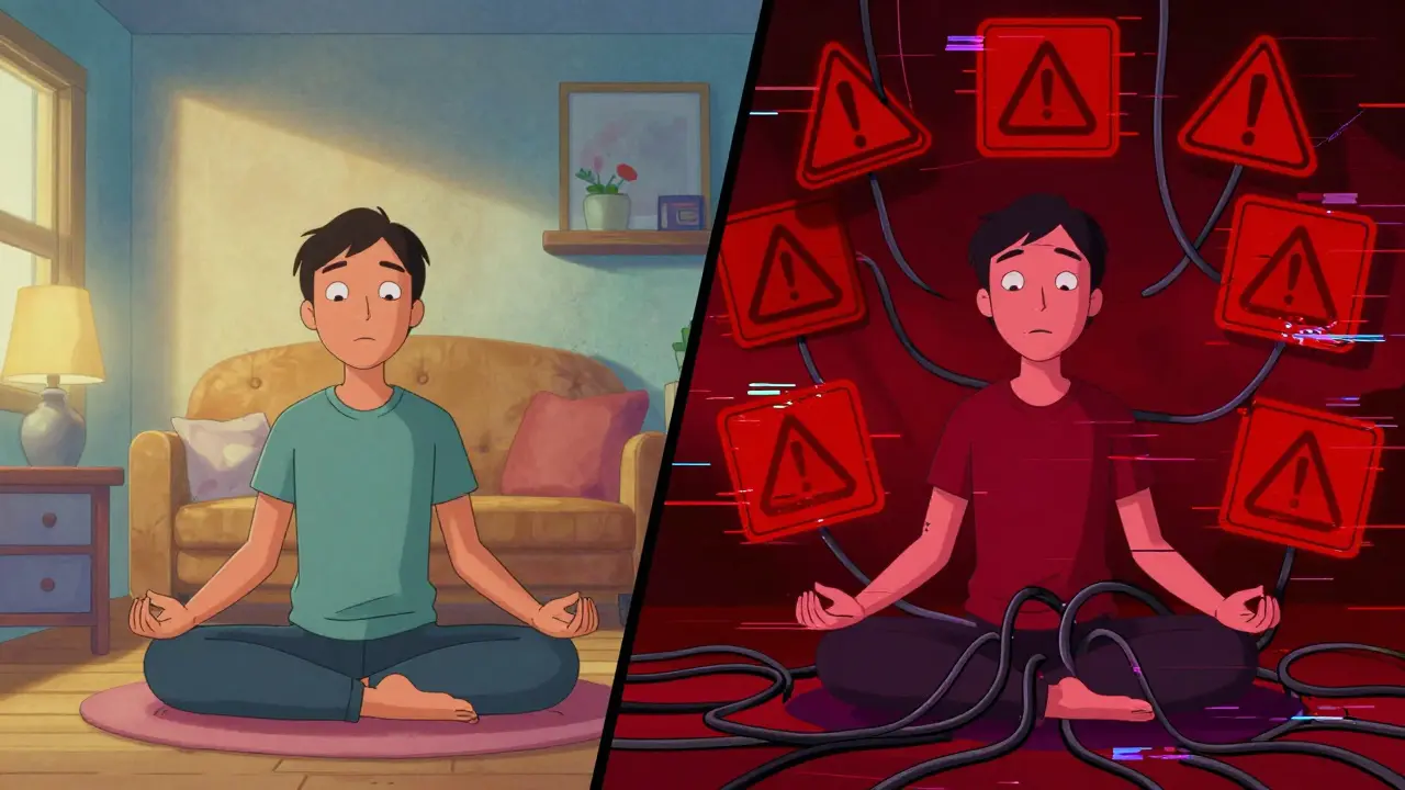 Rozdělená scéna terapie DBT a krizového stavu ve stylu Adult Swim