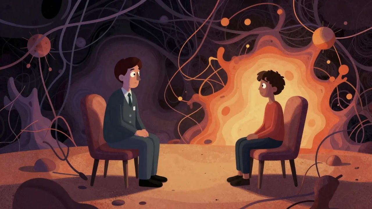 Surrealistické zobrazení psychoterapie, kde se temné uzly negativních přesvědčení rozplétají do světlých nití naděje.