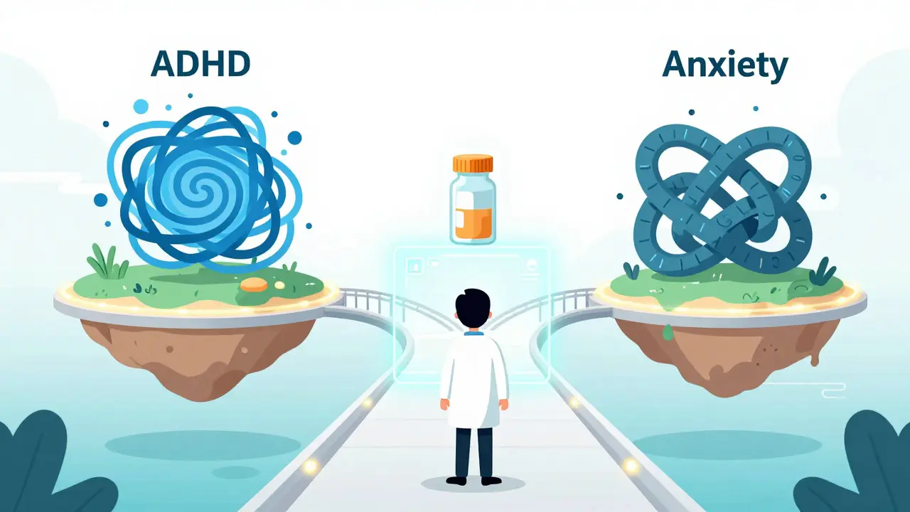 Abstraktní most z léků spojující ostrůvky ADHD a úzkosti