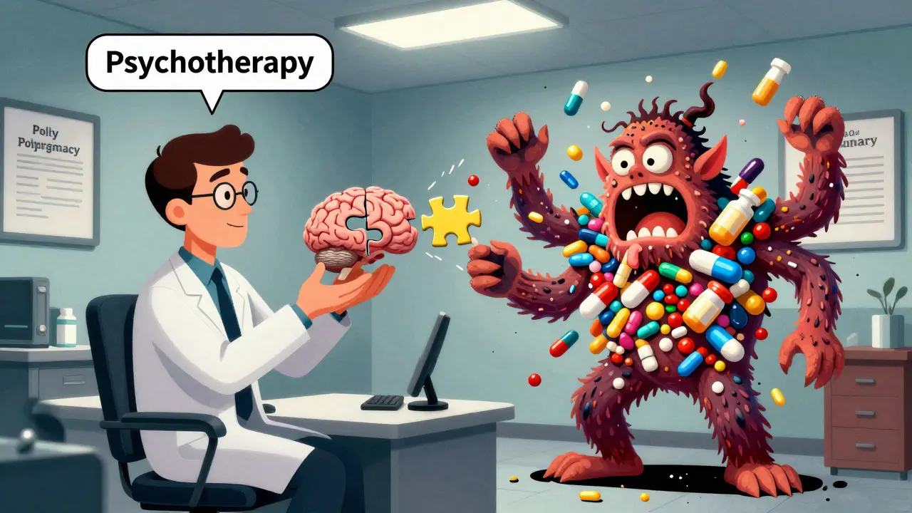 Kreslená scéna psychiatra: klidná psychoterapie versus chaotický monstrum z mnoha léků.
