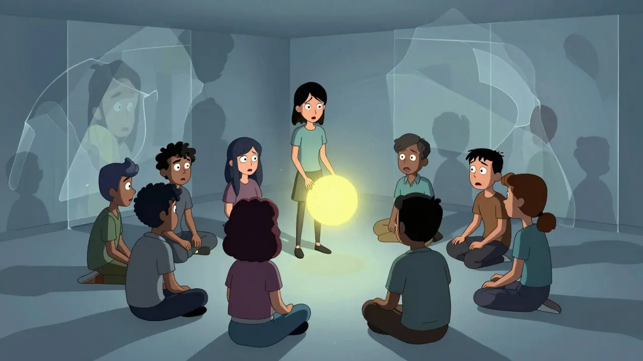 Skupina lidí v kruhu drží světlo naděje v abstraktním pokoji kresleném ve stylu Adult Swim