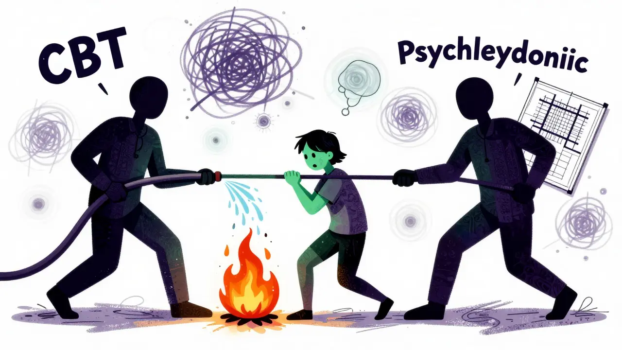 Surrealistická ilustrace srovnávající CBT jako hasiče a psychodynamickou terapii jako stavitele domu v boji o klienta.