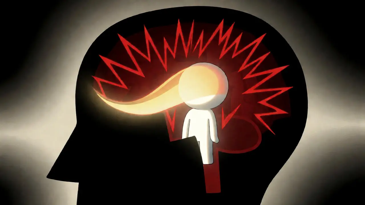 Abstract visualization of brain relieving emotional pain with endorphins.