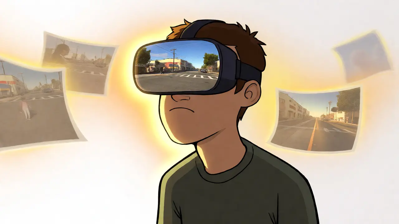 Člověk s brýlemi pro virtuální realitu klidně prochází slunnou ulicí.
