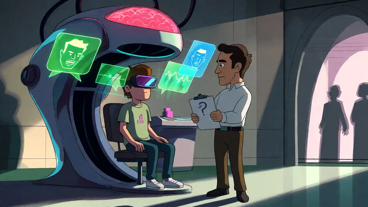 Futuristická scéna diagnostiky duševního zdraví s AI technologií a empatickým terapeutem.