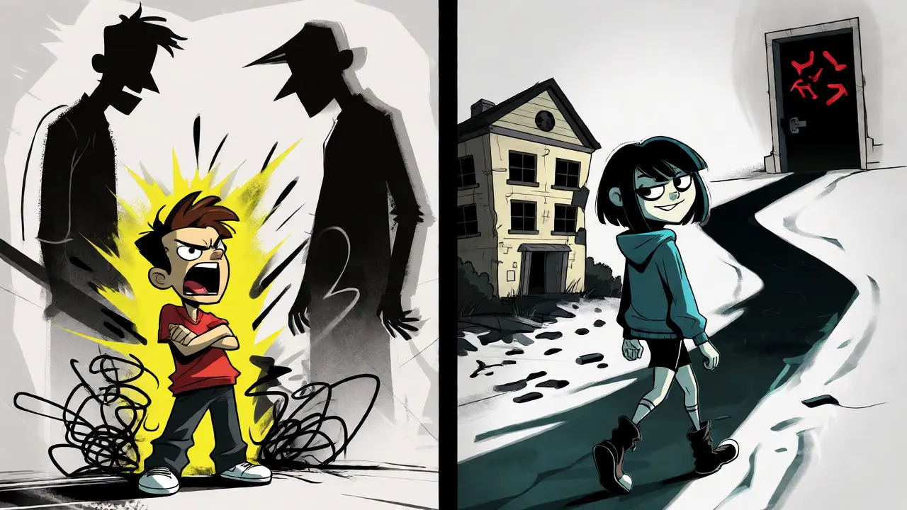 Ilustrace přechodu od opozičního vzdoru u dítěte k riziku delikvence u dospívajícího.