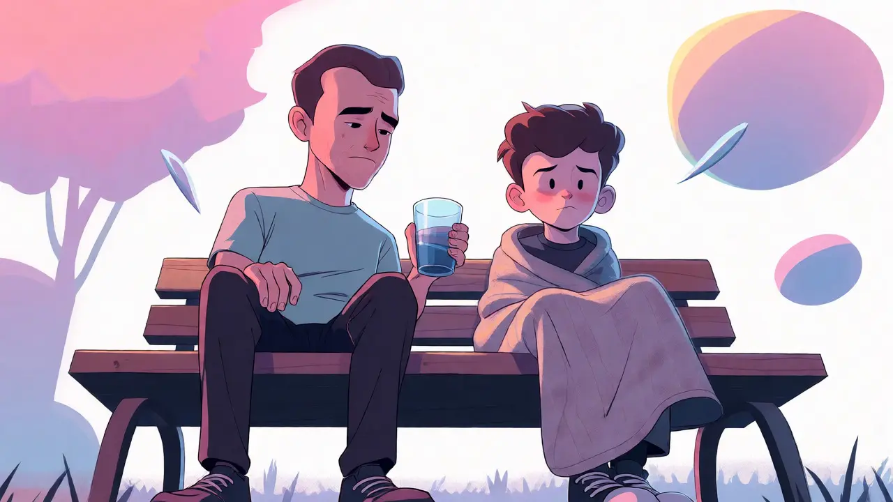 Parent and teen sitting together on a bench sharing a quiet moment of support.