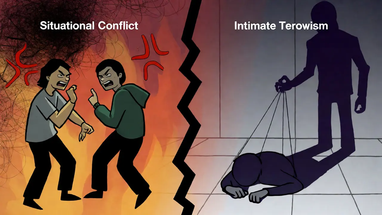 Porovnání situativního konfliktu a intimního teroru v temném kresleném stylu.