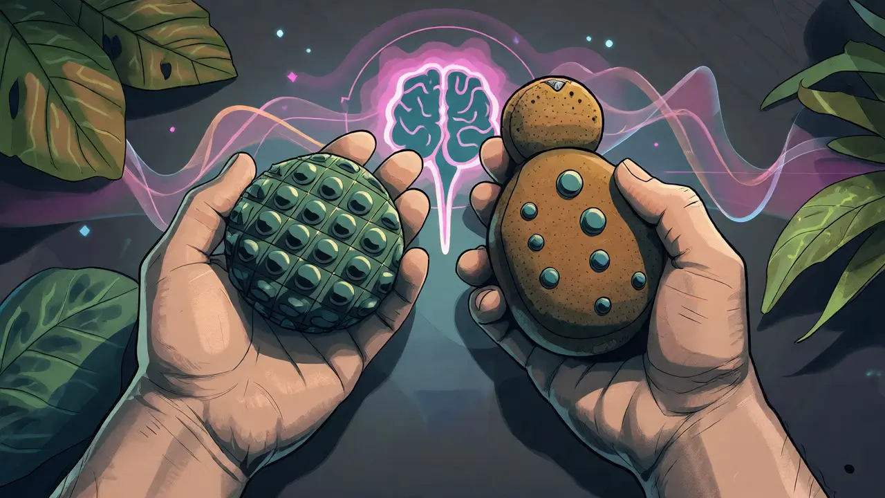 Ruce drží senzorické hračky a fidget pomůcky, které vizuálně uklidňují stylizovaný mozek prostřednictvím biofeedbacku.