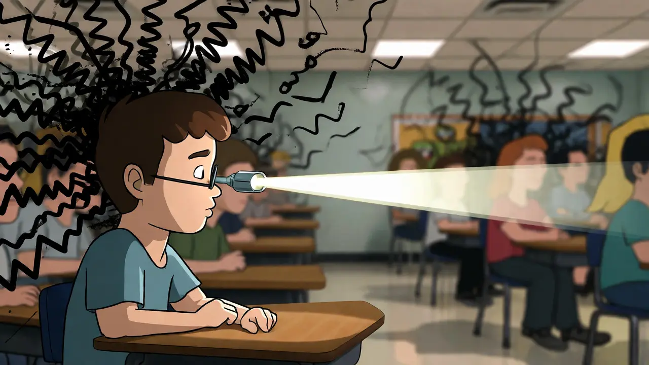 Student v hlučné třídě používá akustickou pomůcku, která filtruje rušivé zvuky a přenáší hlas učitele přímo do ucha.