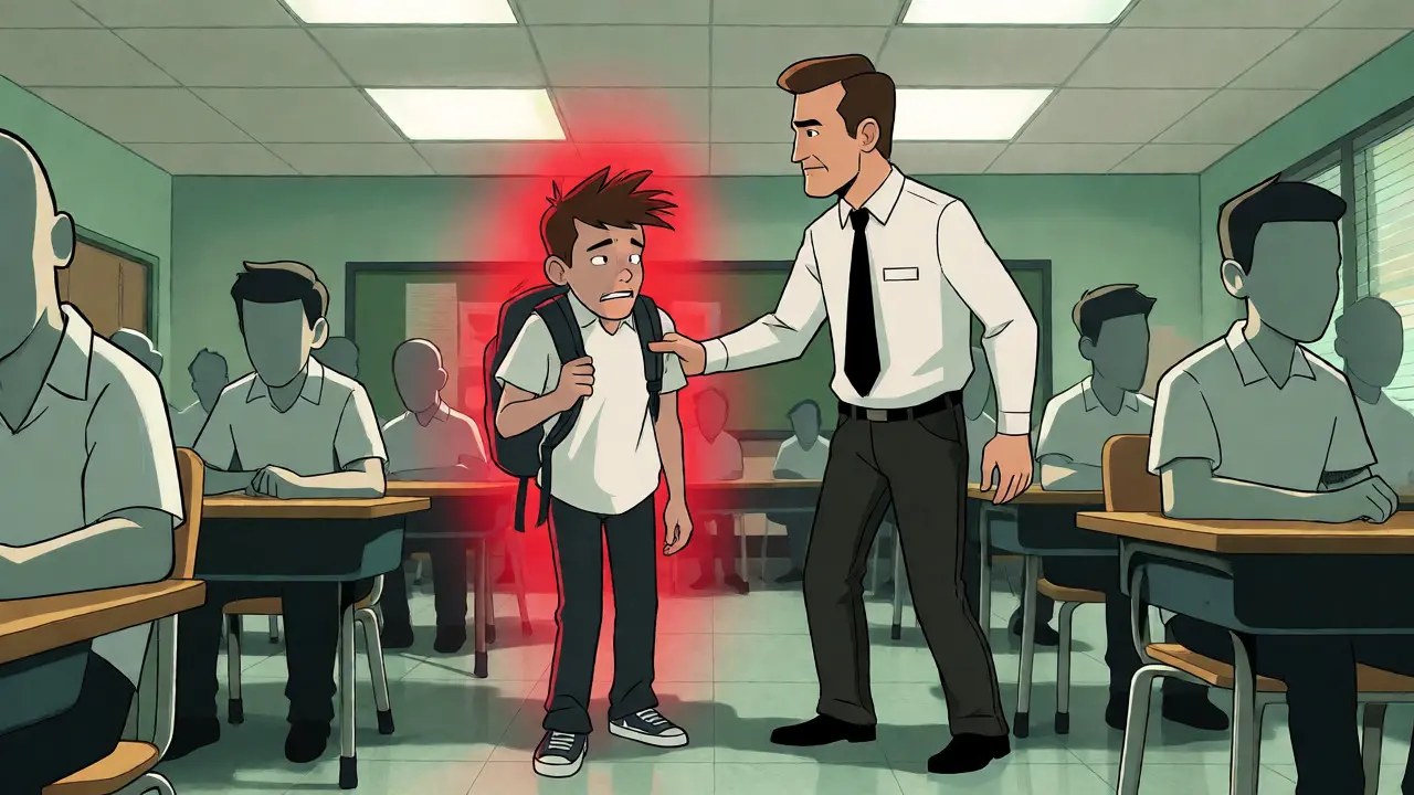 Teacher guiding a distressed student away from classmates in a stylized classroom.