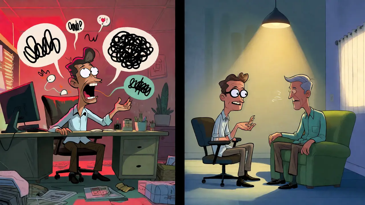 Contrast between a chaotic, unethical therapist and a calm, supportive one.
