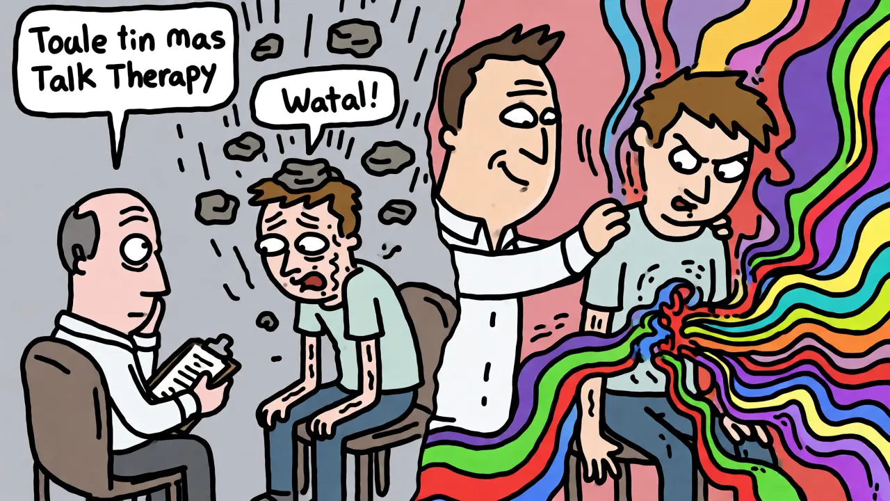 Kontrast mezi verbální terapií a uvolňováním emocí dotykem