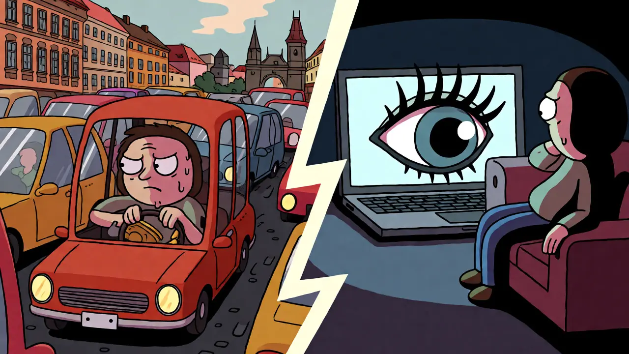 Rozdělená scéna mezi stresujícím cestováním autem a online sezením s obřím okem.