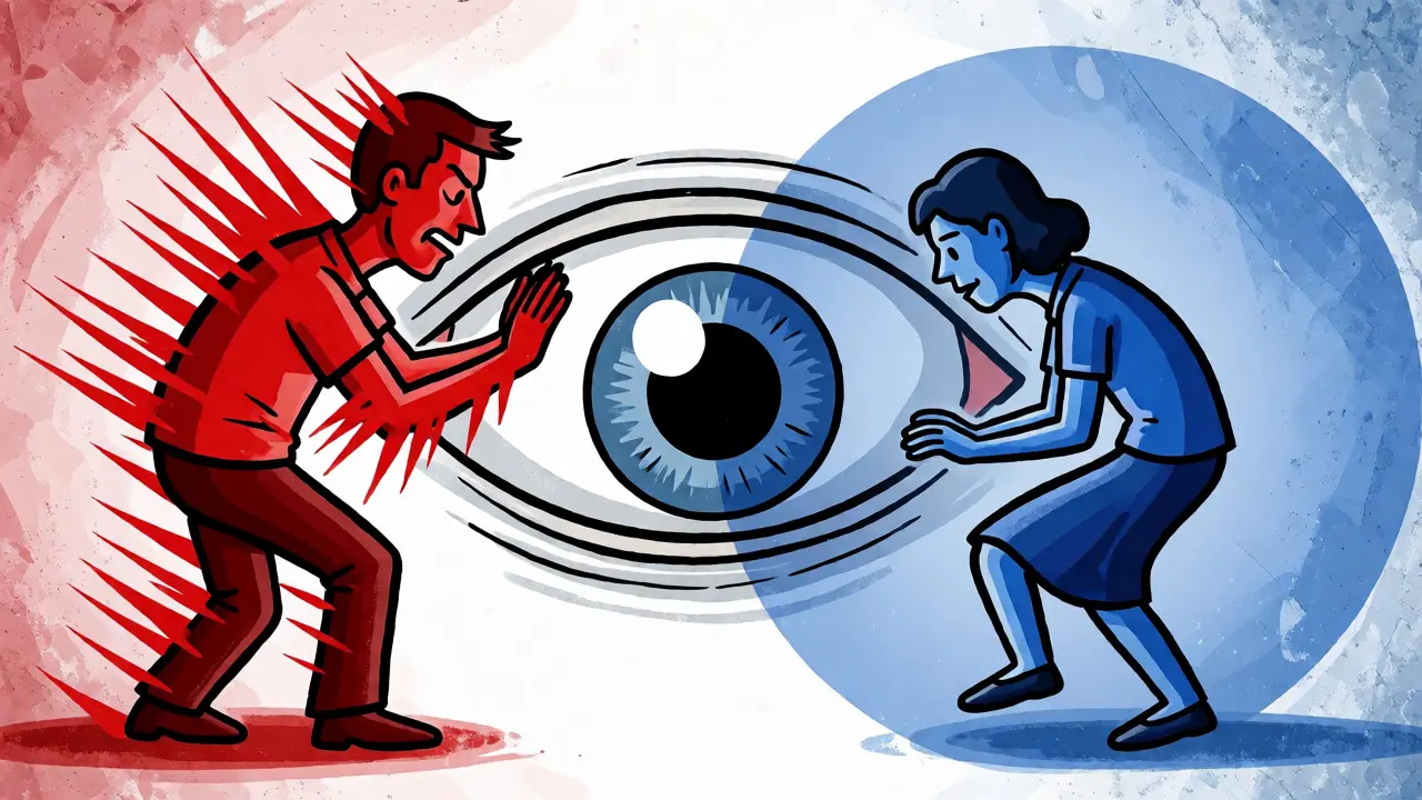 Surreálná ilustrace muže útočícího červenými hroty a ženy ustupující do modrého pupeče